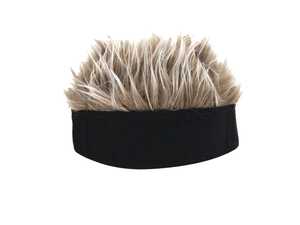 Detail of the black docker cap with integrated long brown synthetic hair for cosplay