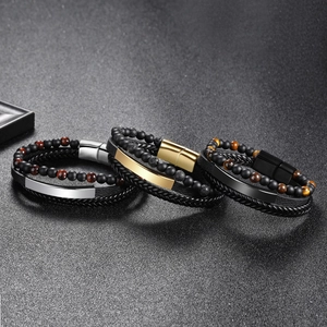 Men's multi-layer woven leather bracelet set with 6mm tiger eye beads and magnetic clasp