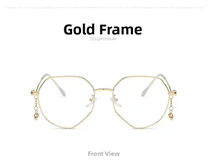 Detailed front view of gold polygon glasses frames with star-shaped chain pendants