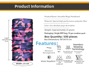 Technical specs of pink camo skull face mask showing 50x25cm size and 35g weight