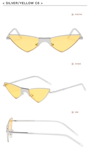 Detailed views of silver metal cat eye sunglasses with yellow lenses in three angles