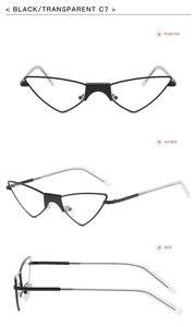 Detail view of black triangle cat eye sunglasses showing front and side profile frame angles