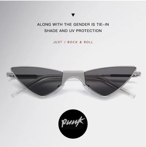 Detailed view of silver cat eye sunglasses with metal frame and UV protection lenses