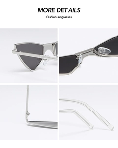 Detailed views of silver metal frame and dark lenses of triangle cat eye sunglasses