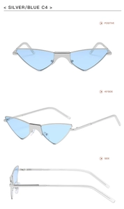 Three-view layout of silver metal cat-eye sunglasses with triangle light blue lenses