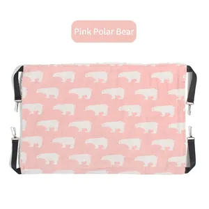 Detail of pink cat hammock with polar bear pattern and sturdy metal spring hooks