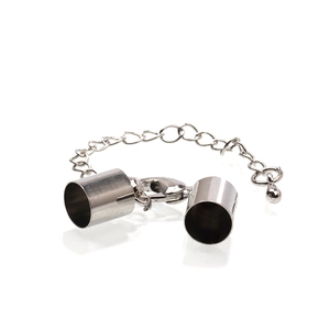 Polished silver lobster clasp set with cylindrical cord ends and an adjustable chain