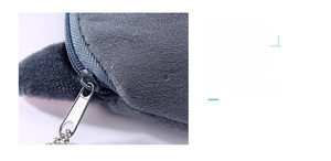Detailed shot of a smooth silver zipper and plush fabric on a cute cat coin purse