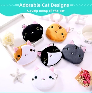 Close-up of 6 plush cat coin purses with embroidery and metal bead chains in soft fabric
