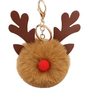Christmas reindeer plush keychain with brown faux fur, leather antlers and gold metal clip