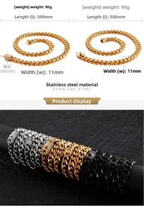 Detail view of 11mm Cuban link chains in gold, silver, and black with zircon clasps