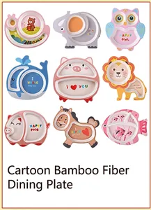 Detailed view of various colorful animal-shaped bamboo fiber divided plates for children