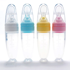 Biberon a cucchiaio in silicone per neonati in quattro colori con ventosa e scala