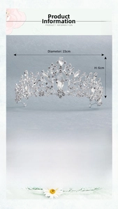 Detail showing silver bridal tiara specifications with 15cm diameter and 6cm height