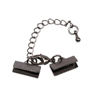 Detail of gunmetal lobster clasp set with extension chain and textured ribbon crimp ends