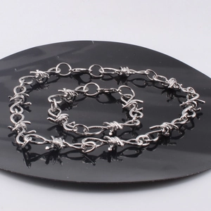 Silver metal thorn barbed wire choker necklace and bracelet set in punk hip-hop style