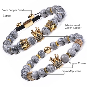 Detail of 6mm and 8mm map stone beads with micro-inlaid zircon crown on grey bracelet