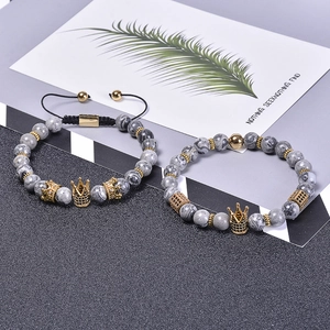 Map stone bead bracelet set with gold crown accents and black zircon micro-inlays
