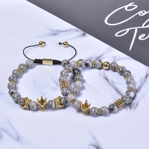 Map stone bead bracelets with gold crown pendants and micro-inlaid black zircon accents