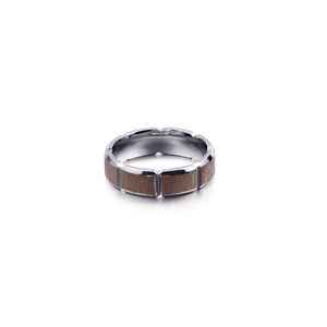 Men's stainless steel ring featuring silver frame and brown wood grain inlay texture