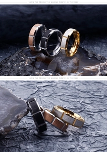 Close-up of three-piece stainless steel rings set in rose gold, black, and gold finish