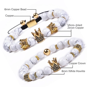 8mm White Turquoise Beaded Bracelet Set with Zircon Inlaid Golden Crown Charms