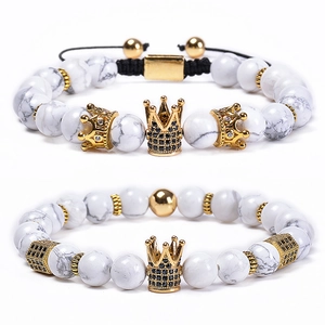 White Howlite Beaded Bracelet With Copper Micro Pave Zirconia Crown Charm Vintage Adjustable Jewelry For Men Women