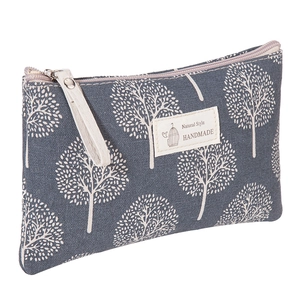 Grey canvas makeup bag with white tree pattern and Natural Style handmade fabric label