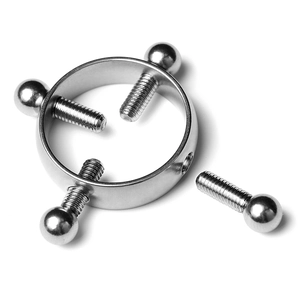 Close-up of polished stainless steel nipple ring with four adjustable ball screws
