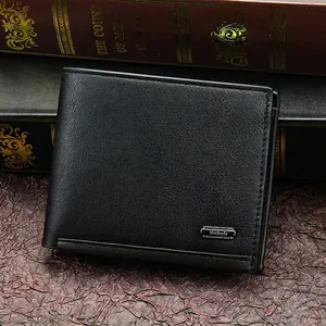 Men's tri-fold business wallet in black leather with brown trim and metal logo plate