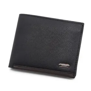 Classic men's trifold wallet in black litchi leather with elegant coffee color trim