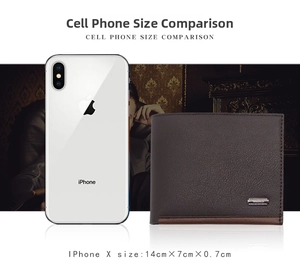Men's brown leather wallet compared to a mobile phone to show its compact size