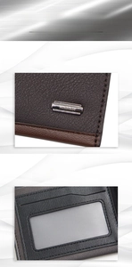 Detail view of MenBense wallet featuring embossed logo and frosted photo window