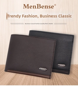 Close-up of litchi texture on coffee and black men's bifold wallets with metal logo