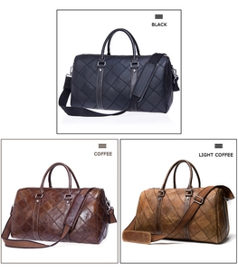 Three colors of men's leather travel bags in black, coffee and light coffee options