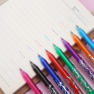 Set of 8 colorful erasable gel pens with silver flame pattern on a notebook