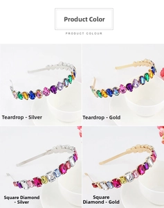 Detail view of colorful rhinestone headbands with crystal droplets and golden metal finish