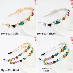 Detailed macro view of four styles of rhinestone and pearl headbands in gold and silver
