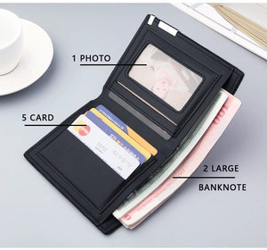 Detail of short leather wallet showing five card slots, photo window and bill compartments