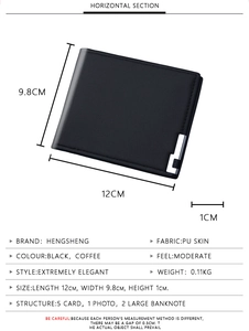 Detailed specs of short PU leather men's bifold wallet with card slots and dimensions