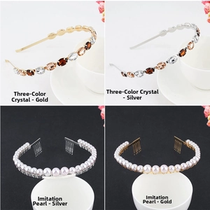 Detail view of crystal and pearl headbands in gold and silver finishes with hair comb base