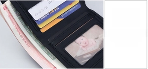 Slim leather wallet interior showing multiple card slots and clear ID window for men
