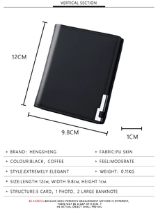 Detailed specs of men's slim PU leather wallet with card slots and size dimensions