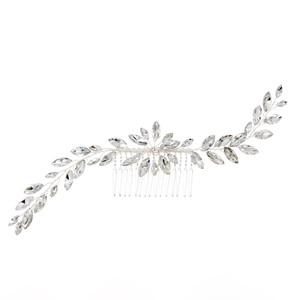 Silver bridal hair comb with marquise cut crystals in a symmetrical leaf design