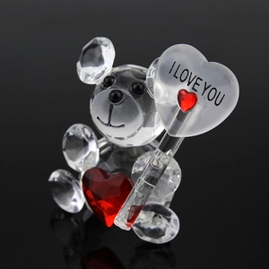 Crystal bear figurine with red heart and I LOVE YOU sign for home or car decor