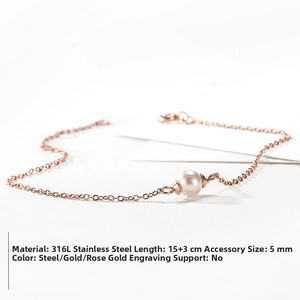 Macro shot of rose gold 316L stainless steel bracelet with 5mm pearl and adjustable chain
