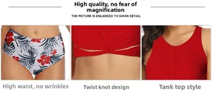 Detail of high waisted bikini set with red knot top and tropical leaf print bottom