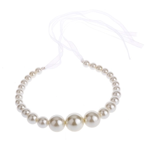 Elegant white pearl headband for girls with gradient size pearls and white silk ribbon ties