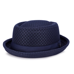 Dark blue breathable mesh fedora hat with satin ribbon trim for summer sun protection