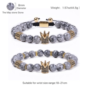 8mm natural map stone beaded bracelets with gold crown charms and adjustable cord